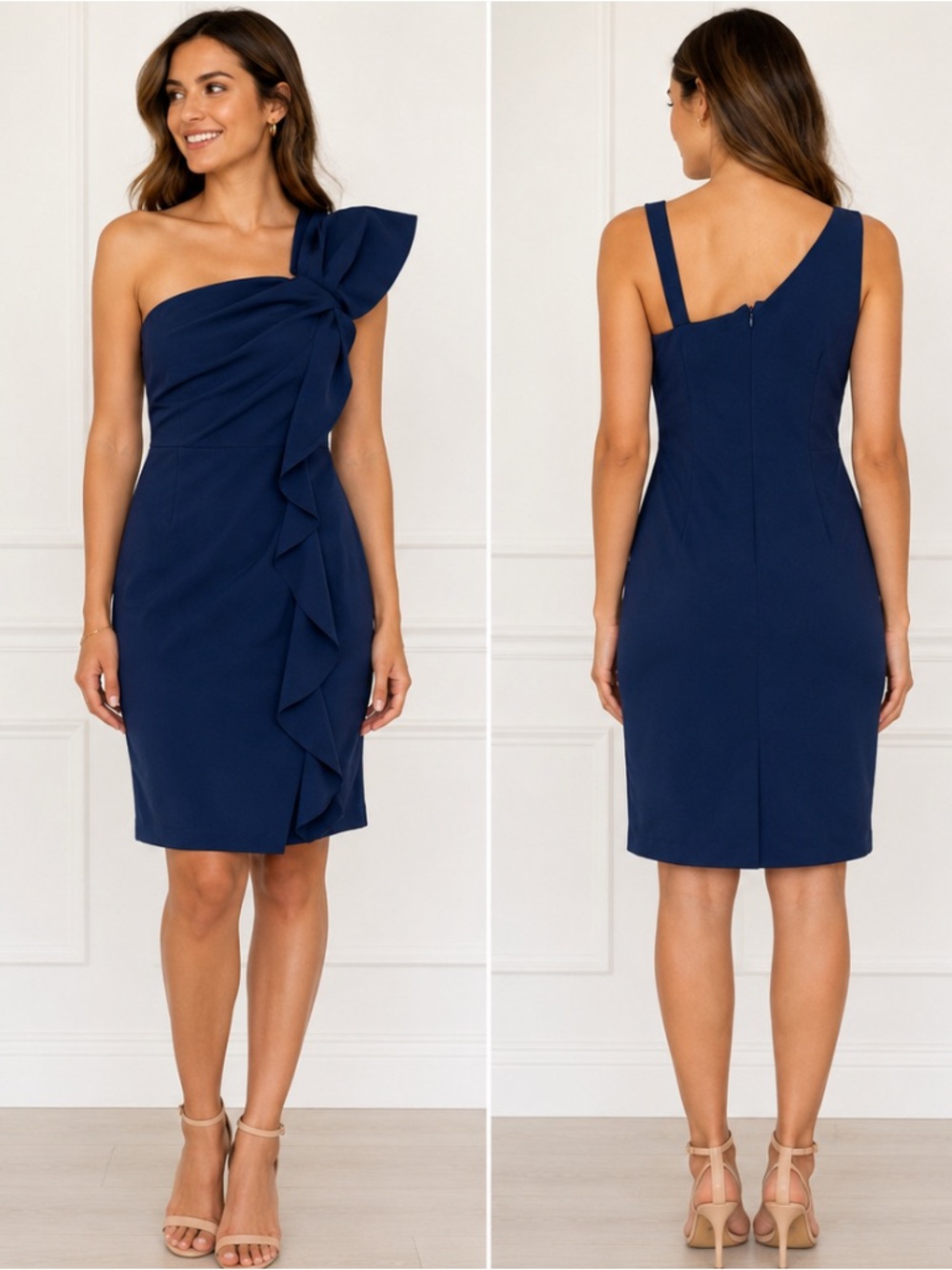 Marina Navy One-Shoulder Ruffle Cocktail Dress Size 8